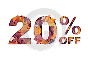 text 20 percent off filled with texture of red fall maple leaves