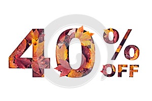 text 40 percent off filled with texture of red fall maple leaves