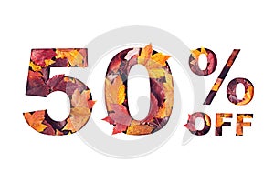 text 50 percent off filled with texture of red fall maple leaves