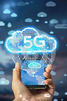 Text 5G, fifth generation of cellular technology, faster data speeds, lower latency, enhanced connectivity, and supports