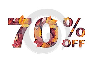 text 70 percent off filled with texture of red fall maple leaves