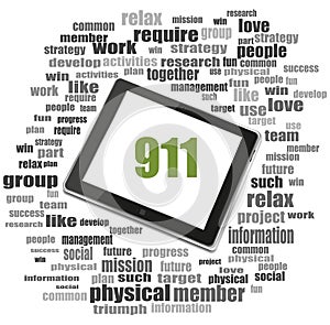 Text 911. Securitry concept . Tablet Pc. Word cloud collage