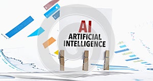 Text AI - Artificial Intelligence on paper sheet with chart, dice, spectacles, pen, laptop and blue and yellow push pin on wooden