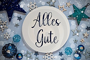 Text Alles Gute, Means Best Wishes, Blue Flatlay Christmas Decor