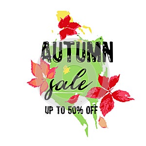 Text Autumn Sale, discount banners.Red leaves with grunge elements, ink drops, abstract background. Vector illustration.