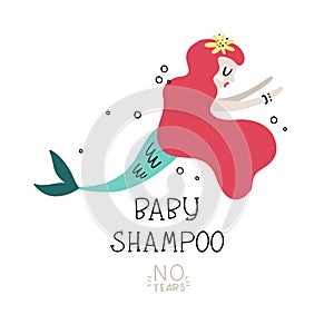 Text: baby shampoo, no tears. Vector illustration with mermaid in Doodle style, hand drawn. The template for your label