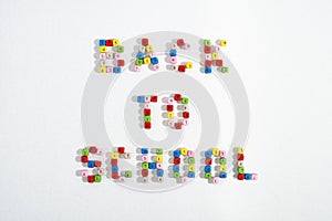 Text Back To School made of colourful number beads on white background. Back to school concept.