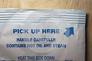 Text on a bag of microwave popcorn