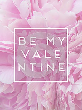 Text be my valentine in the frame against the background of pink peonies flowers. postcard