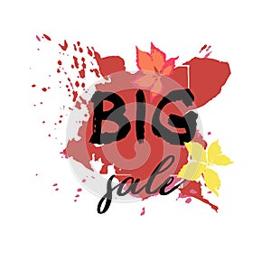 Text Big Sale, discount banners.Red leaves with grunge elements, ink drops, abstract background. Vector illustration.