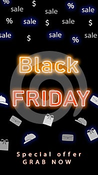 Text BLACK FRIDAY and shopping icons on dark background