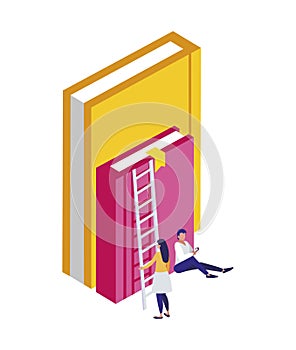 Text book with minipeople workers