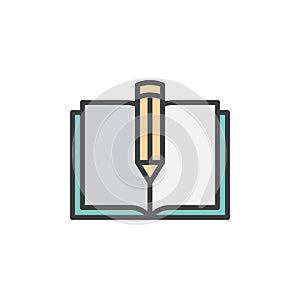 Text book and pen filled outline icon