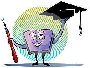 Text book with pen and graduation cap
