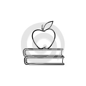 Text books and apple hand drawn sketch icon.