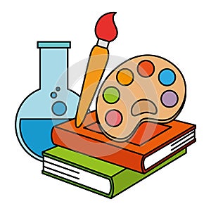 text books with paint pallette and tube test