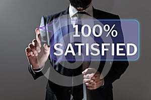 Text caption presenting 100 Satisfied. Business approach Products and services surpass customer expectation