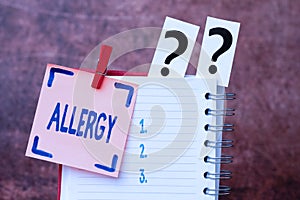 Text caption presenting Allergy. Word for Hypersensitive of the immune system towards particular substance Brainstorming
