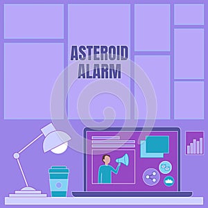 Text caption presenting Asteroid Alarm. Business approach warning to prepare the cities in a space rock s is flight path