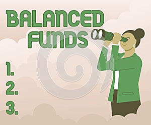 Text caption presenting Balanced Funds. Business idea hybrid mutual fund that combines different securities Woman