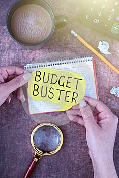 Text caption presenting Budget Buster. Business showcase Carefree Spending Bargains Unnecessary Purchases Overspending