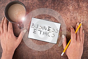 Text caption presenting Business Ethics. Business idea appropriate policies which govern how a business operates