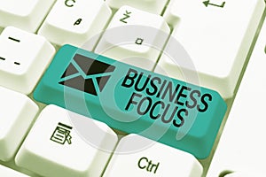 Text caption presenting Business Focus. Business approach Serving the needs of the client Full attention on details