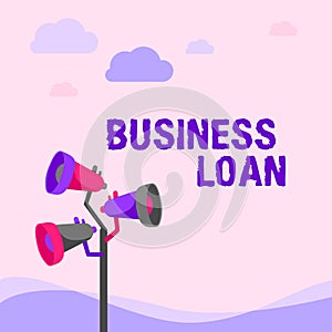 Text caption presenting Business Loan. Word for Credit Mortgage Financial Assistance Cash Advances Debt Pole Megaphones