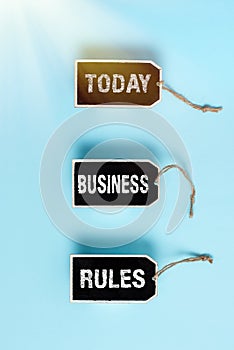 Text caption presenting Business Rules. Business approach a specific directive that constrains or defines a business