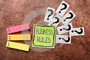 Text caption presenting Business Rules. Business approach a specific directive that constrains or defines a business