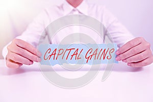 Text caption presenting Capital Gains. Internet Concept Bonds Shares Stocks Profit Income Tax Investment Funds