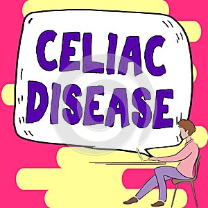 Text caption presenting Celiac Disease. Word for Small intestine is hypersensitive to gluten Digestion problem