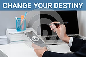 Text caption presenting Change Your Destiny. Business overview Rewriting Aiming Improving Start a Different Future