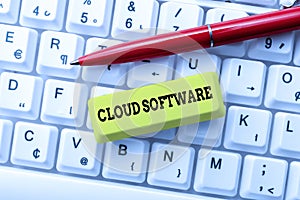 Text caption presenting Cloud Software. Business idea Programs used in Storing Accessing data over the internet Creating