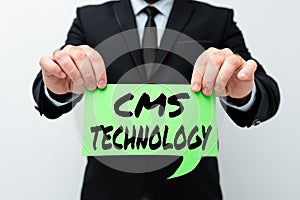 Text sign showing Cms Technology. Business overview programs that are used to create and manage digital content