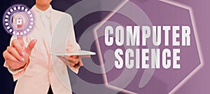 Text caption presenting Computer Science. Business concept instruct and help users acquire proficiency in computer Lady