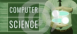 Text caption presenting Computer Science. Internet Concept instruct and help users acquire proficiency in computer Man