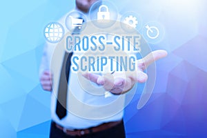 Text caption presenting Cross Site Scripting. Concept meaning Security vulnerability mainly found in web application