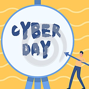 Text sign showing Cyber Day. Business concept marketing term for the Monday after the Thanksgiving in the US Man