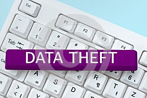 Text caption presenting Data Theft. Business overview illegal transfer of any information that is confidential