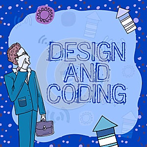 Text caption presenting Design And Coding. Business overview HTML and programming, Cross platform development website