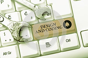 Text caption presenting Design And Coding. Word Written on HTML and programming, Cross platform development website