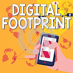 Text caption presenting Digital Footprint. Word Written on uses digital technology to operate the manufacturing process