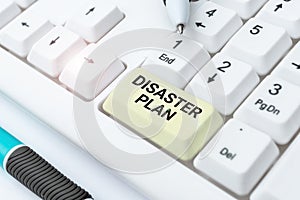 Text caption presenting Disaster Plan. Word for Respond to Emergency Preparedness Survival and First Aid Kit Typing