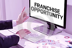 Text caption presenting Franchise Opportunity. Business idea Business License Privilege Owner to Dealer Affiliation