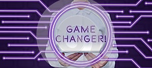 Text caption presenting Game Changer. Business concept Sports Data Scorekeeper Gamestreams Live Scores Team Admins Woman