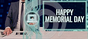 Text caption presenting Happy Memorial DayHonoring Remembering those who died in military service. Business overview photo