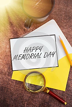 Text caption presenting Happy Memorial DayHonoring Remembering those who died in military service. Word for Honoring photo