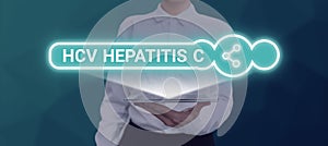 Text caption presenting Hcv Hepatitis C. Business overview Liver disease caused by a virus severe chronic illness