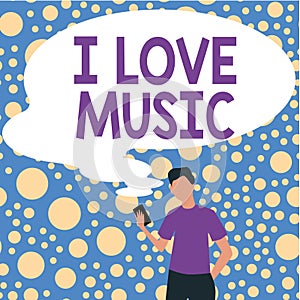 Text caption presenting I Love Music. Business overview Having affection for good sounds lyric singers musicians